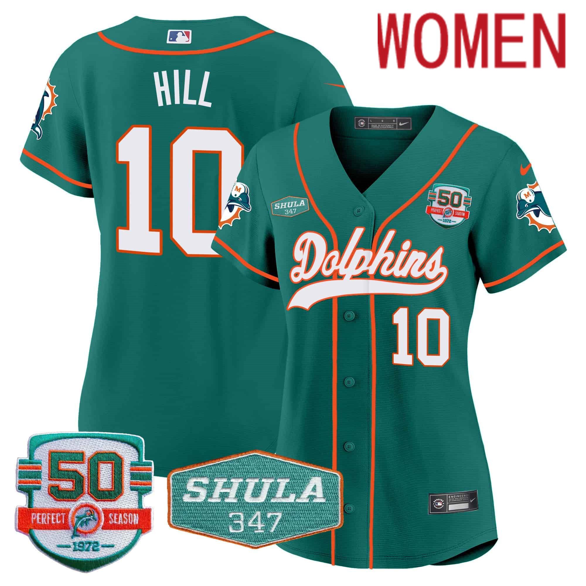 Women Miami Dolphins #10 Hill Green 2024 Nike 50th Don Shula Memorial Patch Baseball NFL Jersey style 1